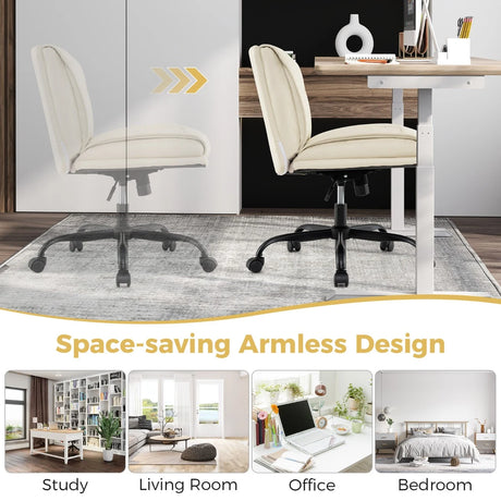 PU Leather Armless Desk Chair with Wide Backrest and Seat-Beige