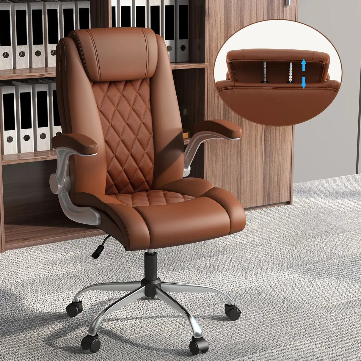 Modern Height Adjustable PU Leather Office Chair with Rocking Function-Brown