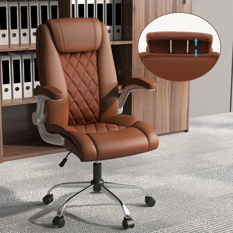Modern Height Adjustable PU Leather Office Chair with Rocking Function-Brown