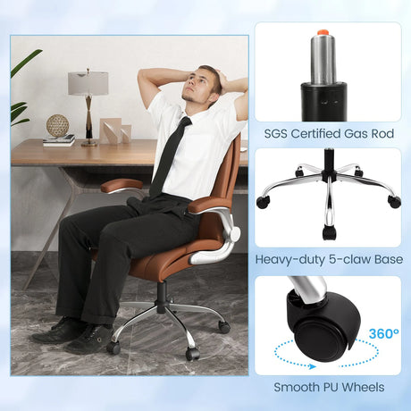 Modern Height Adjustable PU Leather Office Chair with Rocking Function-Brown