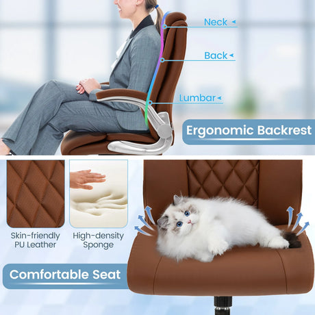 Modern Height Adjustable PU Leather Office Chair with Rocking Function-Brown