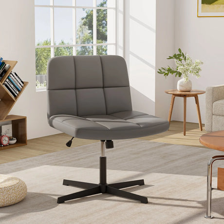 PU Leather Upholstered Armless Cross Legged Office Desk Chair No Wheels-Grey