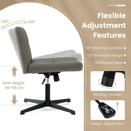 PU Leather Upholstered Armless Cross Legged Office Desk Chair No Wheels-Grey