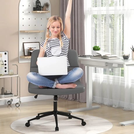 PU Leather Upholstered Cross-legged Office Chair with Wheels-Grey