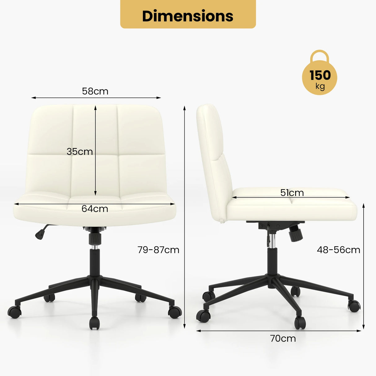 Height-adjustable Armless Desk Chair with Wheels for Home Office Make Up-Beige