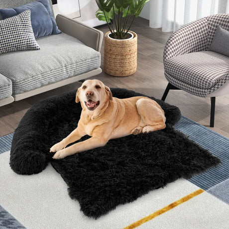 Fluffy Dog Mat Couch Cover Protector with Detachable Washable Cover and Anti-slip Bottom-Black-L