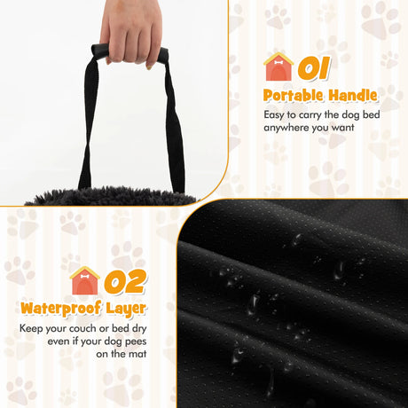 Fluffy Dog Mat Couch Cover Protector with Detachable Washable Cover and Anti-slip Bottom-Black-S