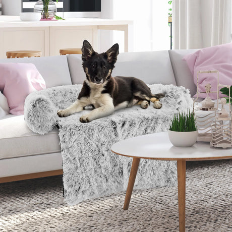 Fluffy Dog Mat Couch Cover Protector with Detachable Washable Cover and Anti-slip Bottom-White-M