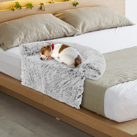 Fluffy Dog Mat Couch Cover Protector with Detachable Washable Cover and Anti-slip Bottom-White-S