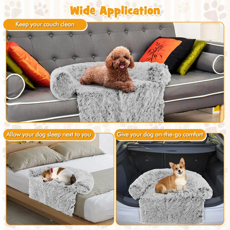 Fluffy Dog Mat Couch Cover Protector with Detachable Washable Cover and Anti-slip Bottom-White-S