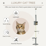 PawHut Floor to Ceiling Cat Tree for Indoor Cats, Kitten Tower, Condo, Multi-Layer Activity Center, Indoor Pet Play House with Solid Scratching Post Hanging Balls, Light Grey