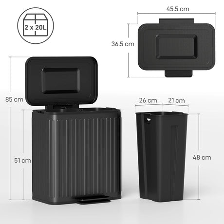 HOMCOM 40L Dual Compartment Rubbish Bin, with Soft-Close Lid - Black