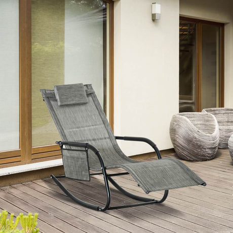 Outsunny Outdoor Garden Rocking Chair, Patio Sun Lounger Rocker Chair with Breathable Mesh Fabric, Removable Headrest Pillow, Armrest, Side Storage Bag, Dark Grey