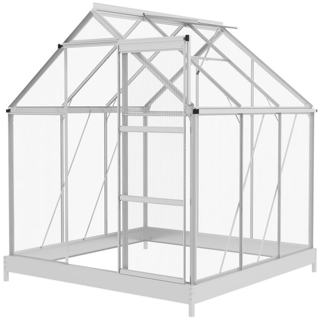 Outsunny 6 x 6ft Walk-In Greenhouse, Polycarbonate Greenhouse with Sliding Door, Window, Aluminium Frame, Foundation, Silver