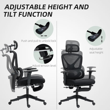 HOMCOM Executive Office Chair, Ergonomic Mesh Desk Chair with 3D Armrests, Rotatable Headrest, Adjustable Lumbar Support, Recliner Computer Swivel Chair with Footrest for Home Office, Black