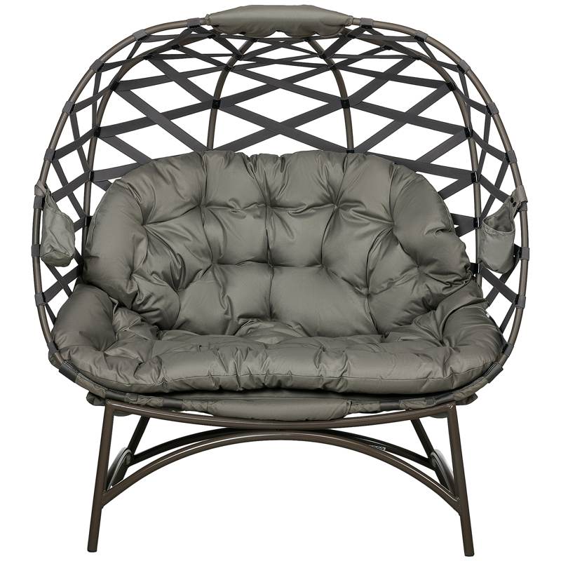 Outsunny 2 Seater Egg Chair Outdoor, Folding Weave Garden Furniture Chair with Cushion, Cup Pockets - Sand Brown