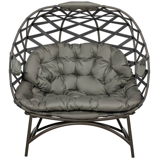 Outsunny 2 Seater Egg Chair Outdoor, Folding Weave Garden Furniture Chair with Cushion, Cup Pockets - Sand Brown