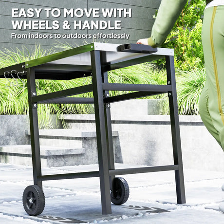 Outsunny BBQ Trolley with Stainless Steel Top and Foldable Side Table, Outdoor Kitchen Barbecue Station with Hooks and Shelf, Pizza Oven Table Movable Outdoor Grill Dining Cart with Cover, Black