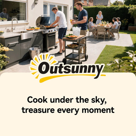 Outsunny Outdoor Grill Cart with Stainless Steel Tabletop for Kitchen Prep, Two-Tier Pizza Oven Stand on Wheels, Black