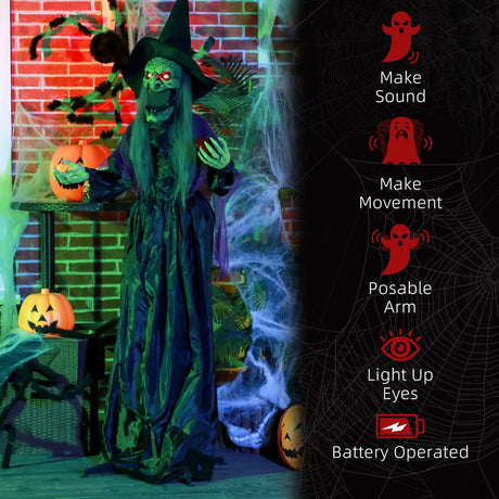 HOMCOM 180 cm Life Size Halloween Animated Standing Witch, Spooky Witch with Glowing LED Eyes,  Battery Operated