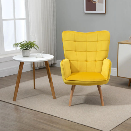 HOMCOM Modern Accent Chair, Upholstered Tufted Wingback Armchair with Seat Padding, Velvet Leisure Lounge Bedroom Chair with Wood Legs, Yellow