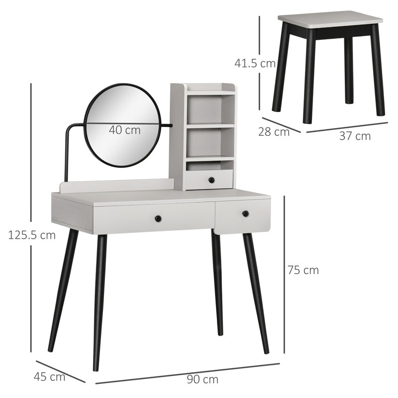 HOMCOM Dressing Table Set with Mirror and Stool, Vanity Makeup Table with 3 Drawers and Open Shelves for Bedroom, Living Room, Grey