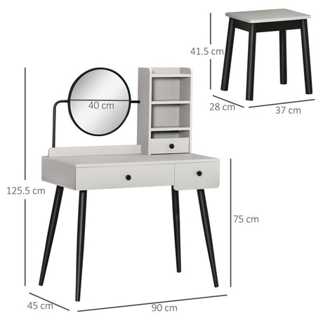 HOMCOM Dressing Table Set with Mirror and Stool, Vanity Makeup Table with 3 Drawers and Open Shelves for Bedroom, Living Room, Grey