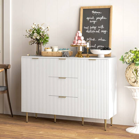 HOMCOM Sideboard Buffet Cabinet, Modern Kitchen Storage Cabinet with 3 Drawers and Adjustable Shelves, Living Room Cabinet with Metal Legs for Hallway, White