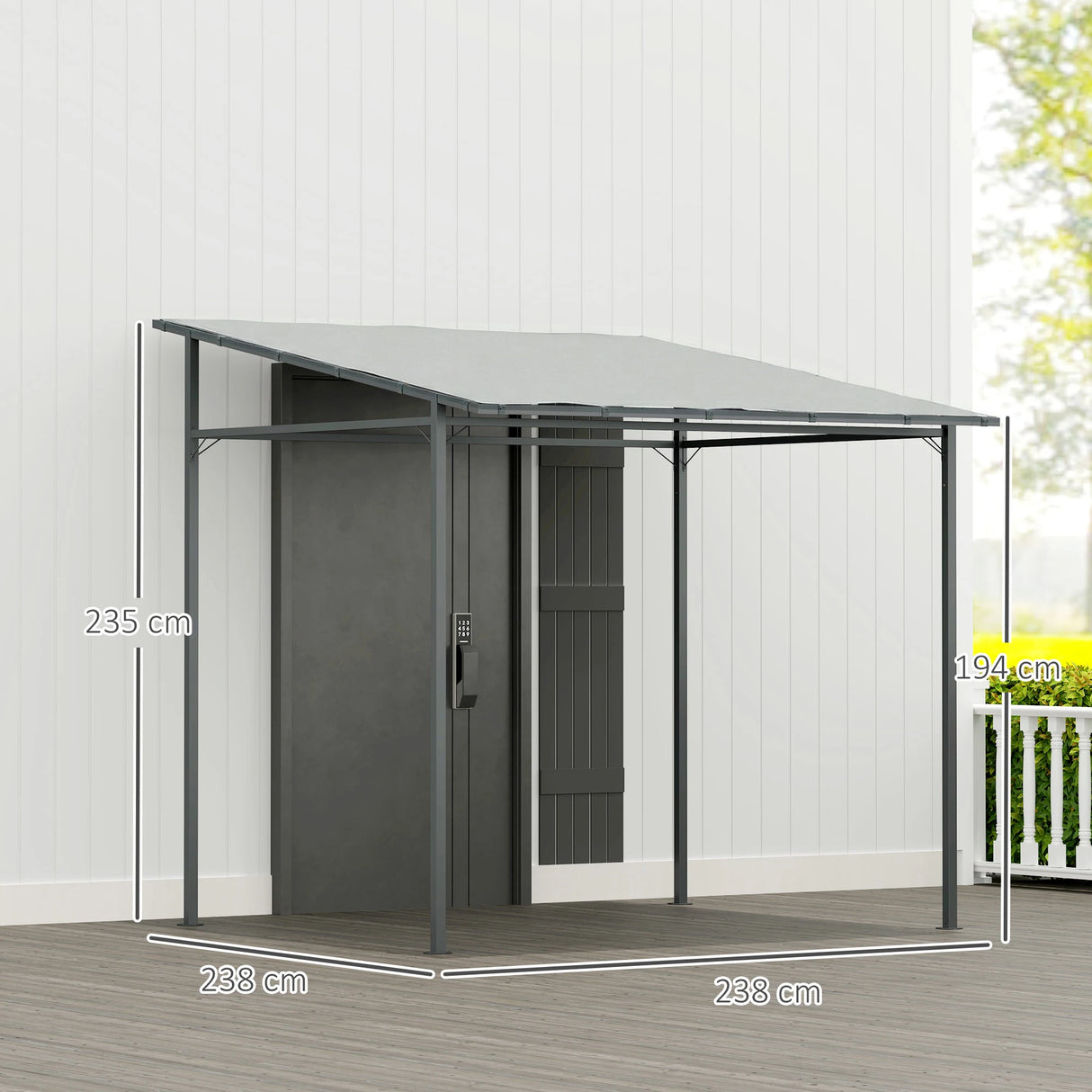 Outsunny 2.4 x 2.4 m Wall Mounted Pergola Gazebo with PA Coating Fabric, Metal Frame, UPF30+, Lean to Garden Gazebo, Light Grey