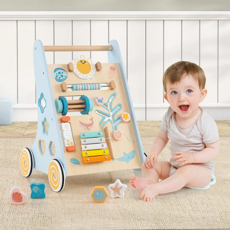 8-in-1 Wooden Baby Walker with Wheels for Toddlers 1+ Years Old-Blue
