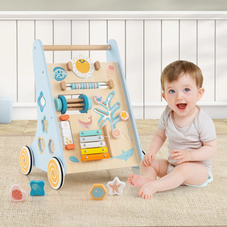 8-in-1 Wooden Baby Walker with Wheels for Toddlers 1+ Years Old-Blue