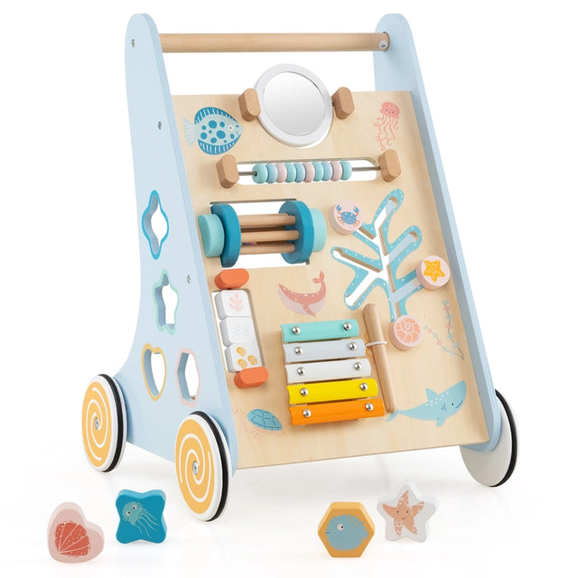 8-in-1 Wooden Baby Walker with Wheels for Toddlers 1+ Years Old-Blue