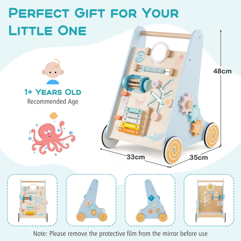 8-in-1 Wooden Baby Walker with Wheels for Toddlers 1+ Years Old-Blue