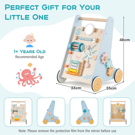 8-in-1 Wooden Baby Walker with Wheels for Toddlers 1+ Years Old-Blue