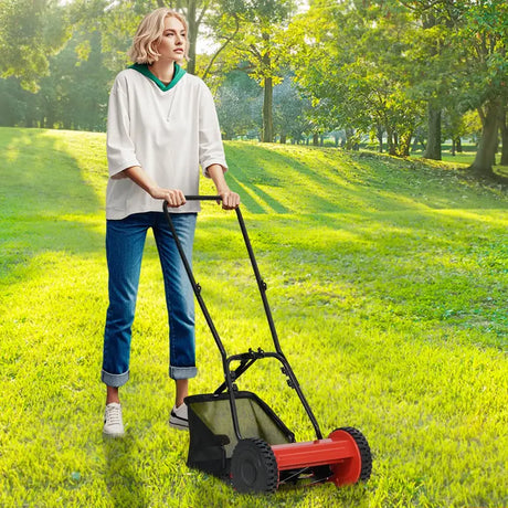 Cylinder mower hand-held lawn mower with 30 cm cutting width 18.5 liter grass catcher red