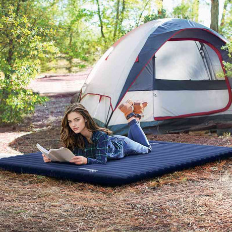 Outsunny 2 Person Camping Inflating Sleeping Mat Inflatable Mattress Ultralight Folding Bed Portable Air Bed for Outdoor Backpacking Hiking Travel - Blue