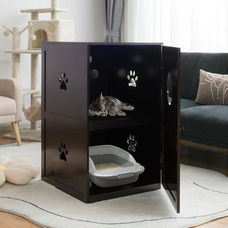 2-Tier Litter Box Enclosure with Anti-Toppling System for Home Pet