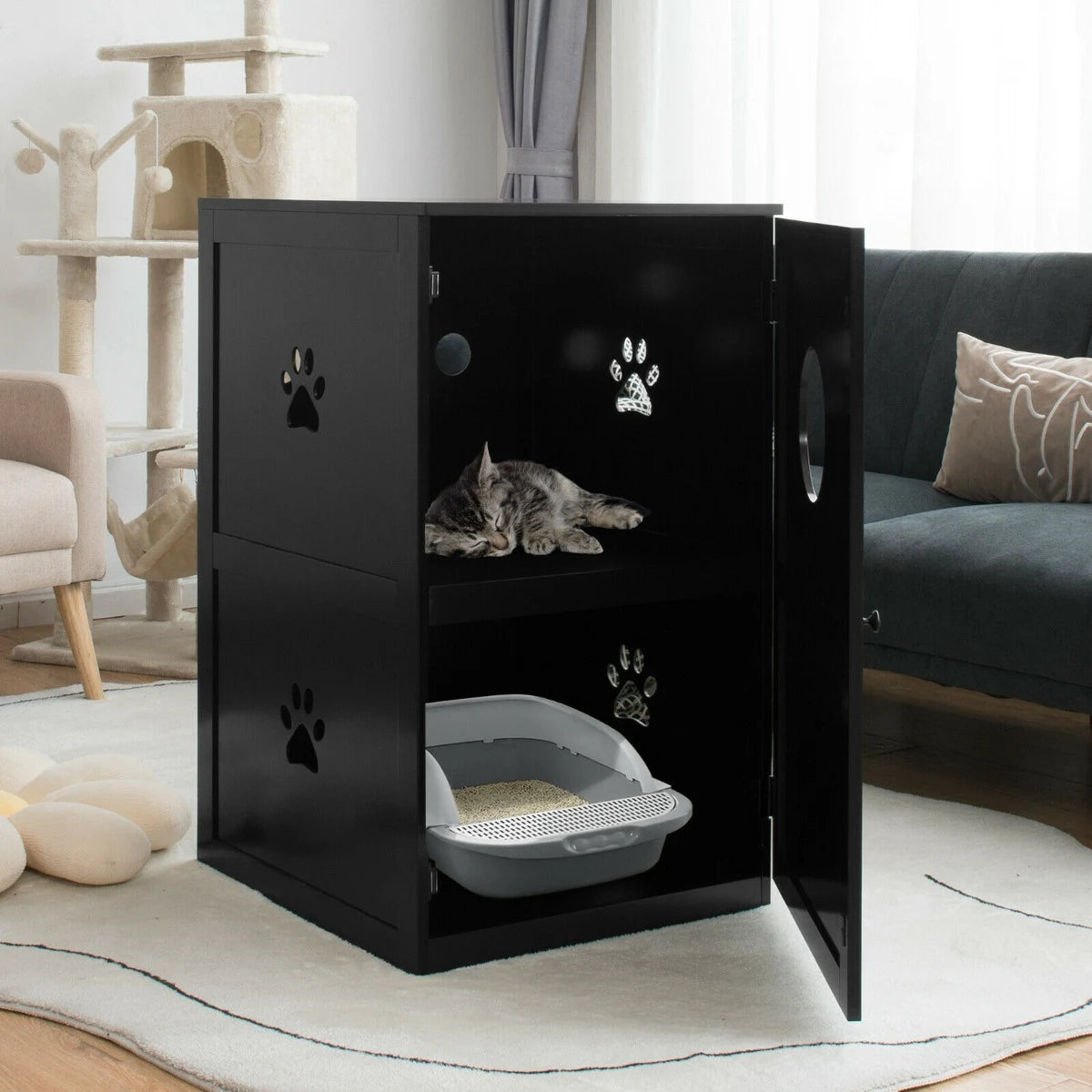 2-Tier Litter Box Enclosure with Anti-Toppling System for Home Pet