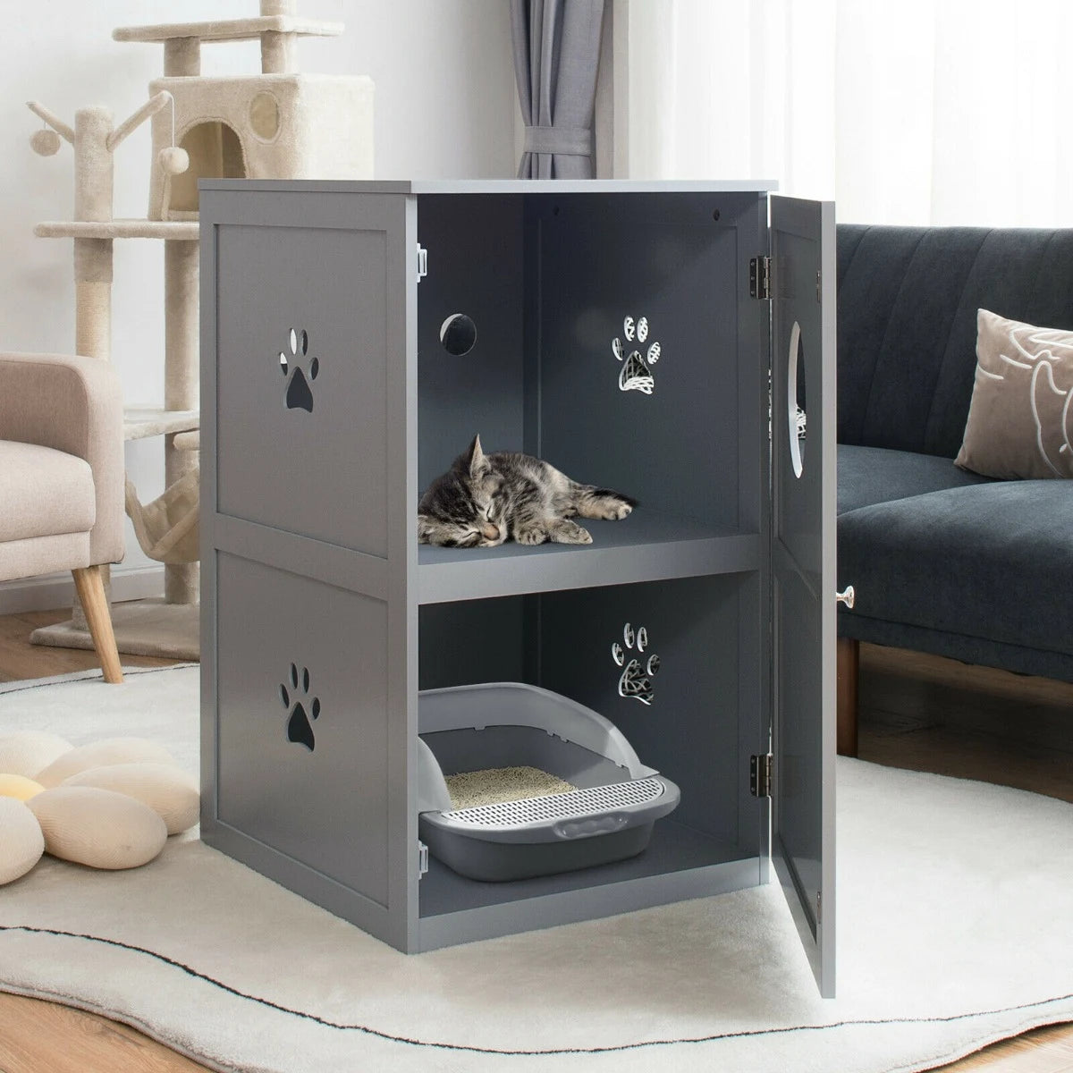 2-Tier Litter Box Enclosure with Anti-Toppling System for Home Pet-Grey