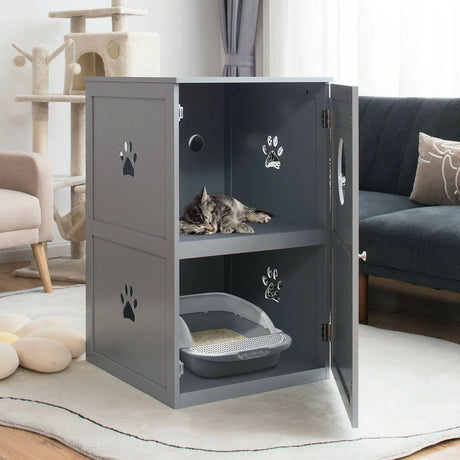 2-Tier Litter Box Enclosure with Anti-Toppling System for Home Pet-Grey
