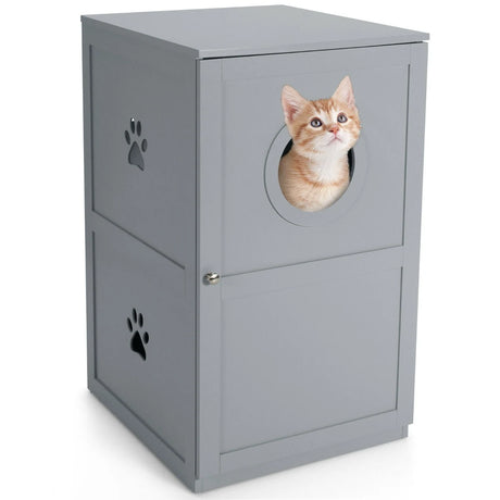 2-Tier Litter Box Enclosure with Anti-Toppling System for Home Pet-Grey