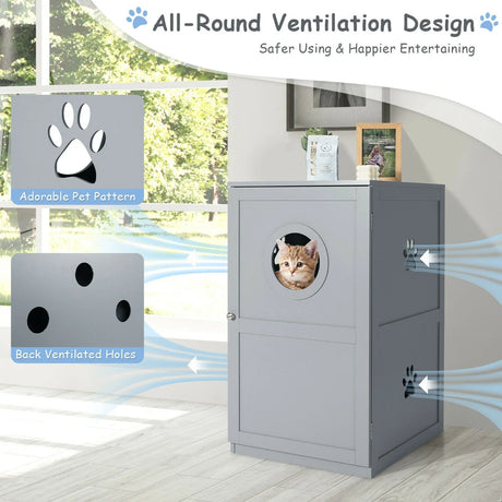 2-Tier Litter Box Enclosure with Anti-Toppling System for Home Pet-Grey