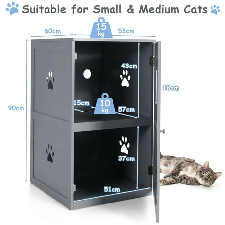2-Tier Litter Box Enclosure with Anti-Toppling System for Home Pet-Grey