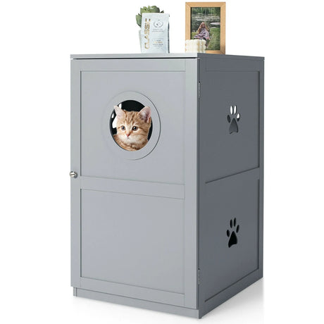 2-Tier Litter Box Enclosure with Anti-Toppling System for Home Pet-Grey