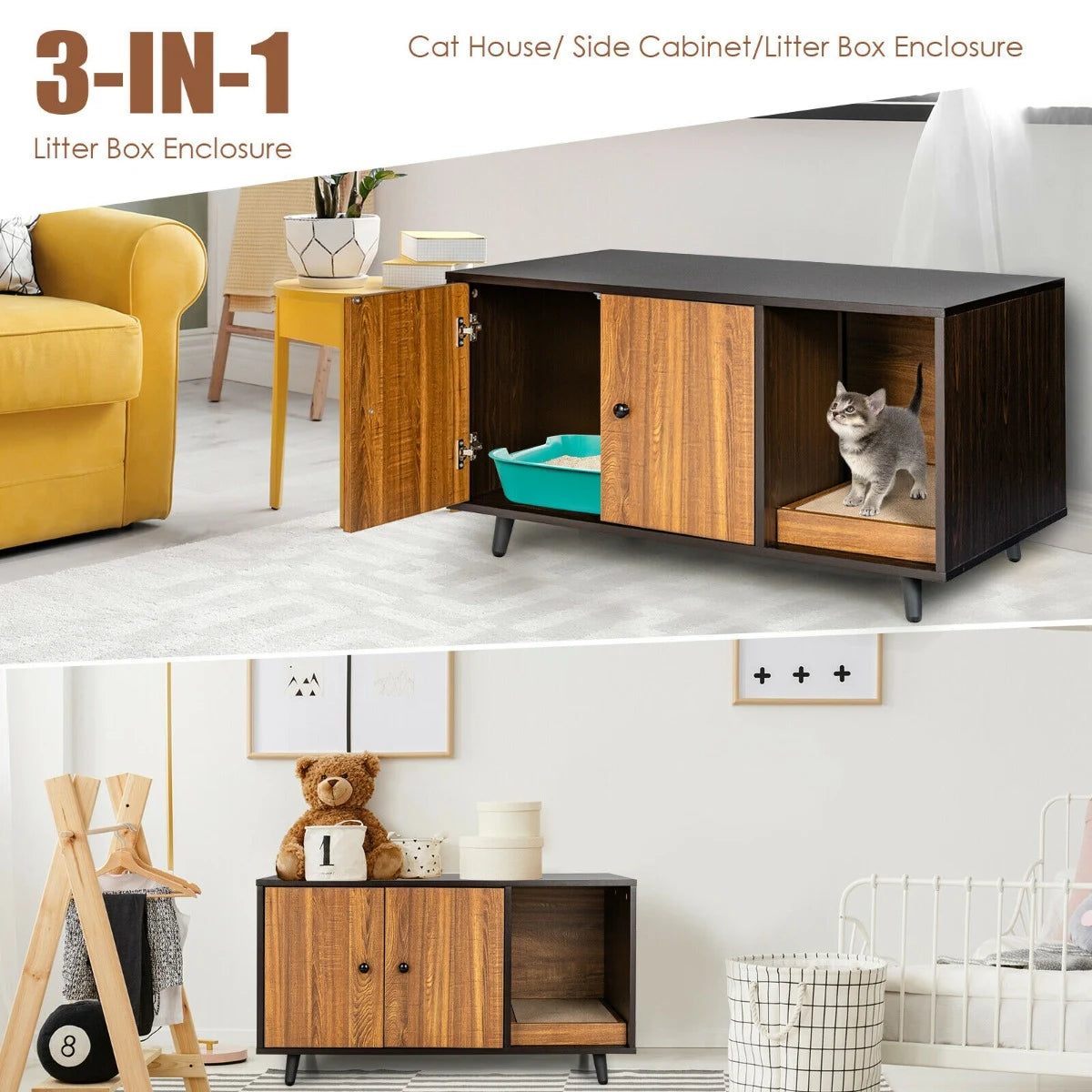 Cat Litter Box Enclosure with Divider for Large Cat &amp; Kitty-Coffee