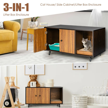 Cat Litter Box Enclosure with Divider for Large Cat &amp; Kitty-Coffee