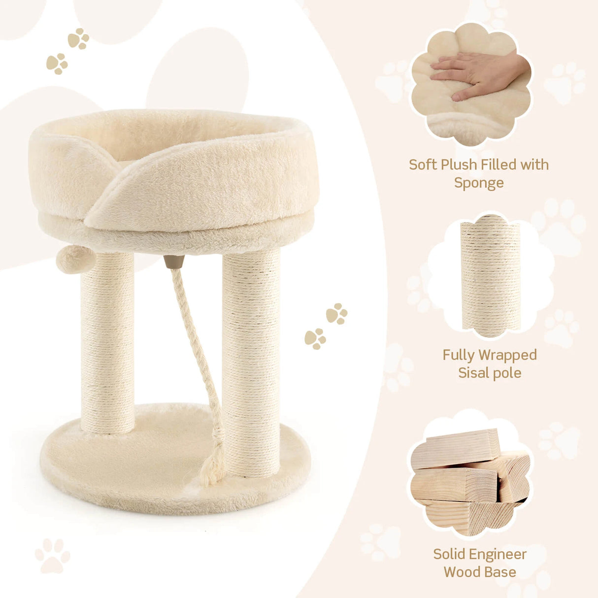 4-in-1 Cat Climbing Tree Tower with Soft Top Perch &amp; Padded Base-Beige