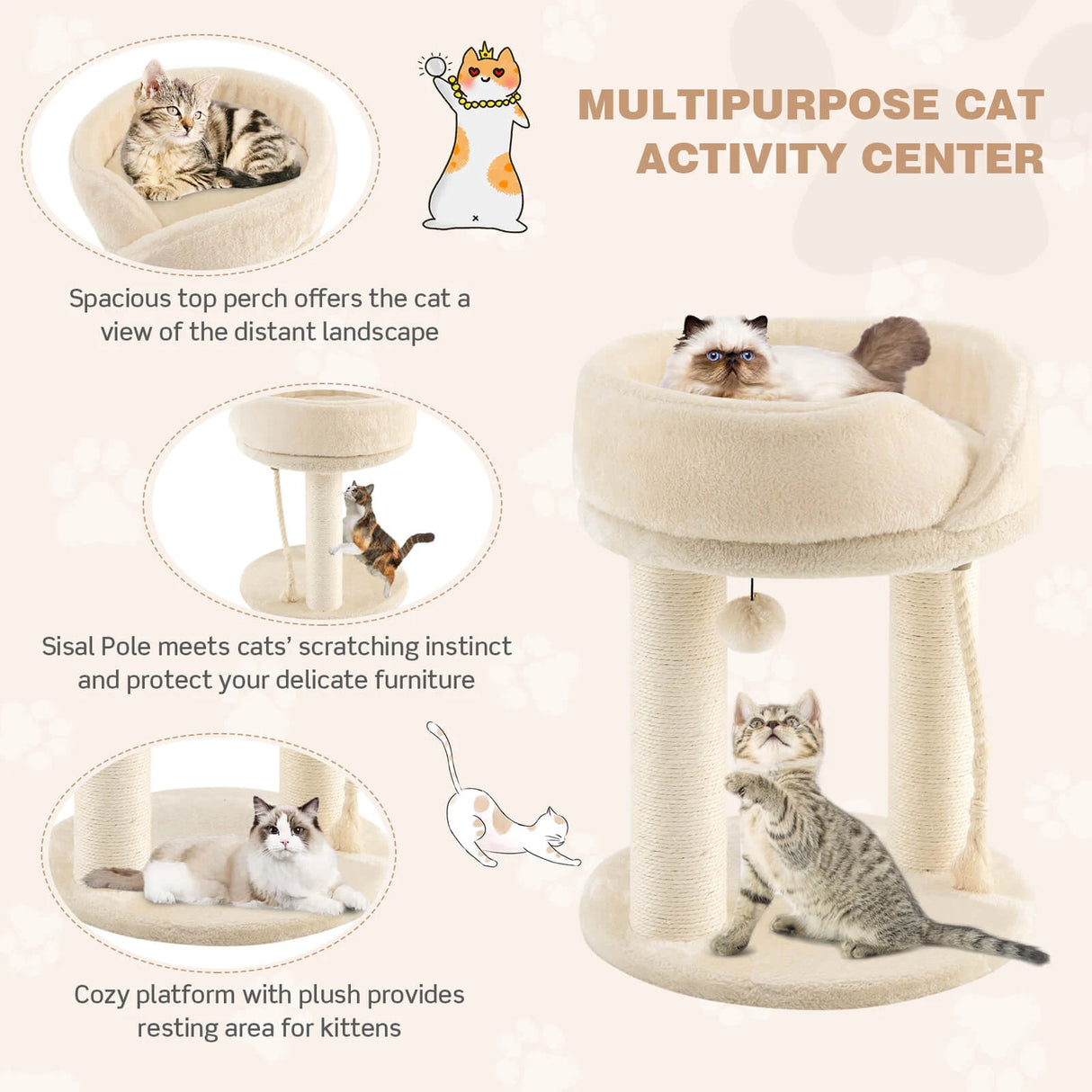4-in-1 Cat Climbing Tree Tower with Soft Top Perch &amp; Padded Base-Beige