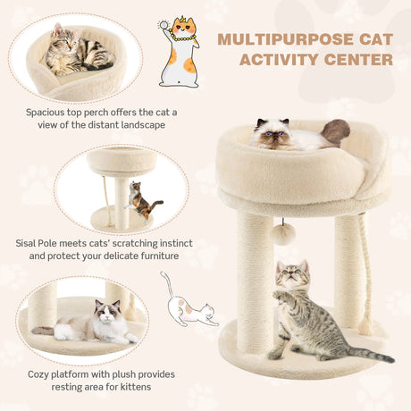 4-in-1 Cat Climbing Tree Tower with Soft Top Perch &amp; Padded Base-Beige