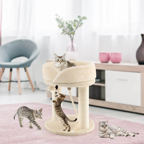 4-in-1 Cat Climbing Tree Tower with Soft Top Perch &amp; Padded Base-Beige